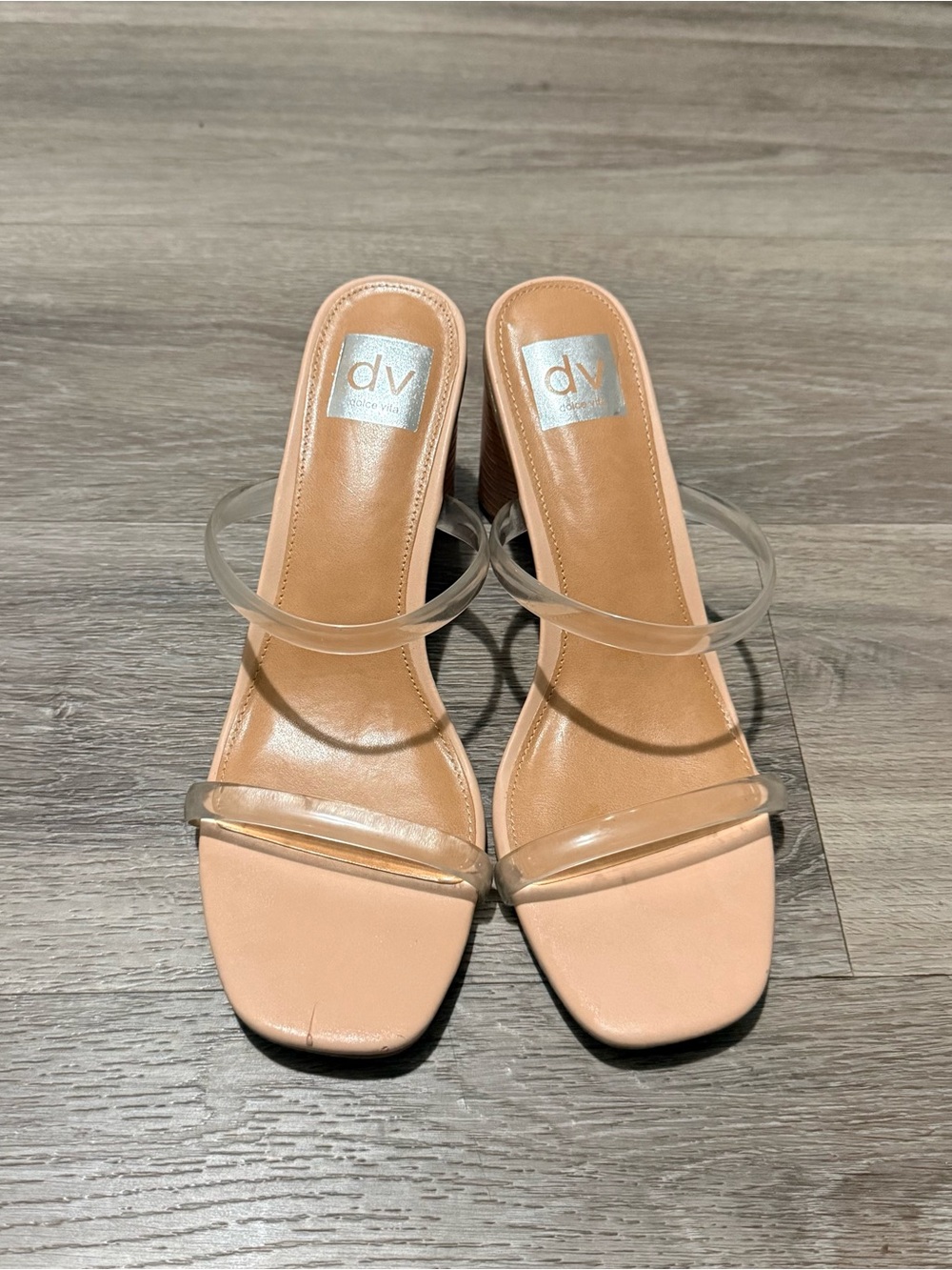 DV by Dolce Vita Nude Block Heel Sandals with Clear Straps - Picture 1 of 4